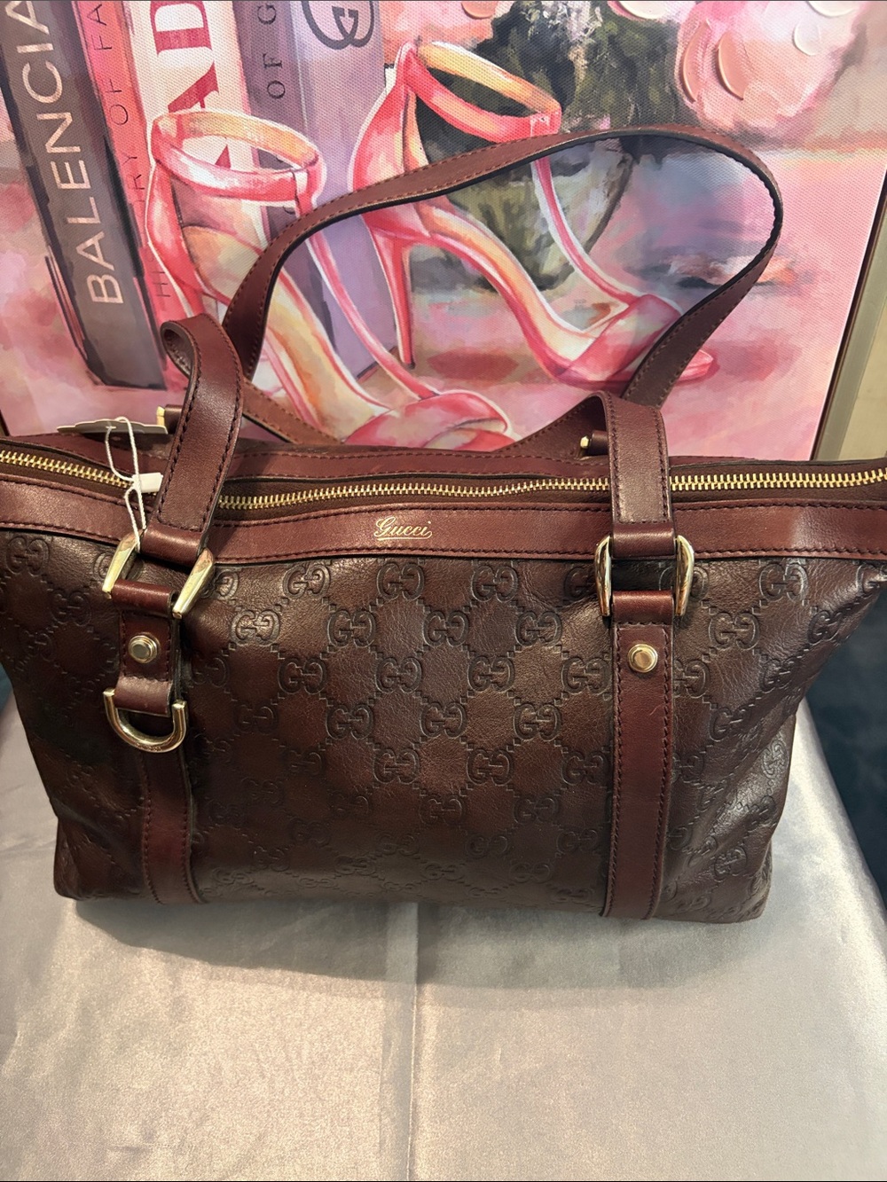 Gucci Abbey GG Deep Brown Embossed Leather Shoulder Bag